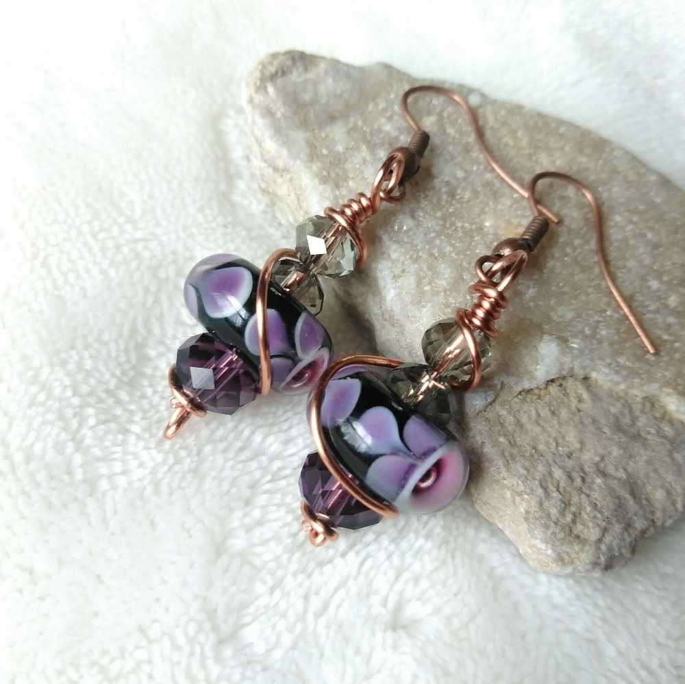 SOLD>Beaded Lampwork Glass Earrings - Picture 1 of 4